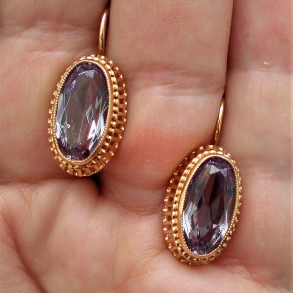 Vintage Russian USSR 14K 583 Rose Pink Gold Alexandrite Filigree Dangle EARRINGS - Picture 8 of 8